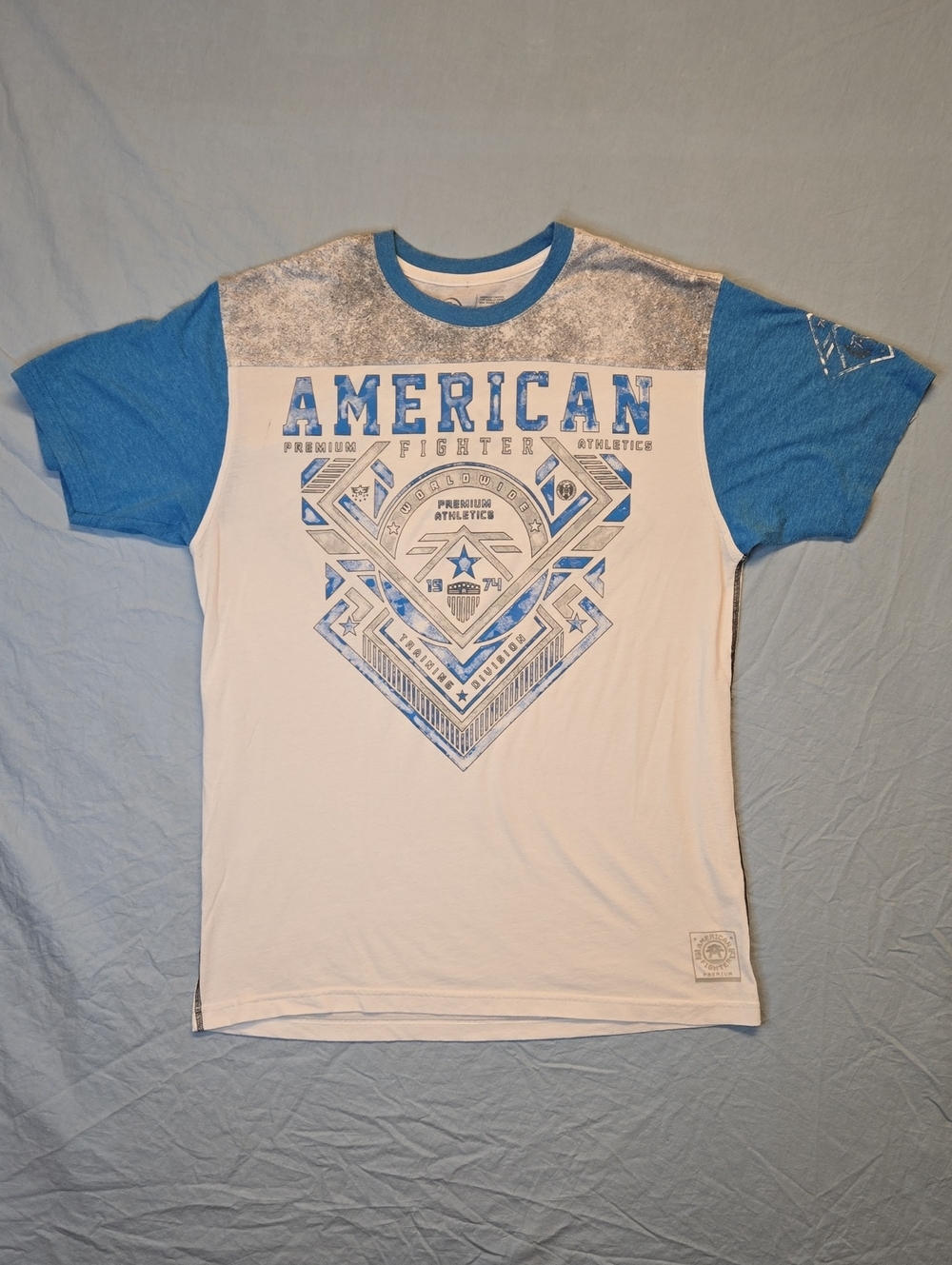 American Fighter White & Blue Full Graphic Short Sleeve Crewneck T Shirt
